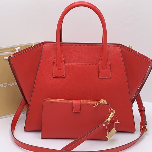 Michael Kors Large Top Zip Satchel Leather & Double Zip Wristlet Leather Flame - Picture 3 of 16